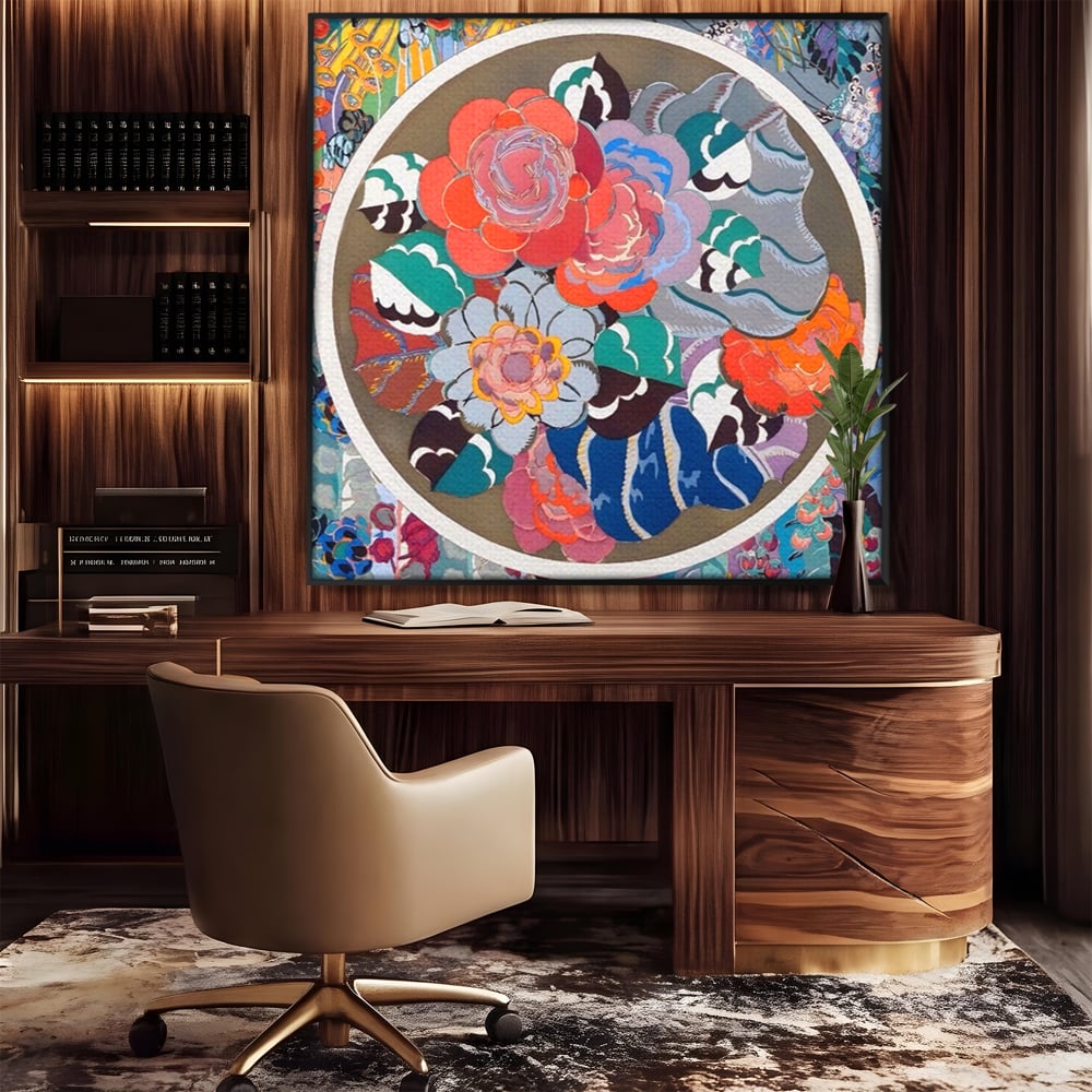 Tablou canvas cu tablou patrat cu flori colorate in cerc, in rama de aluminiu negru, pe perete intr-un birou
